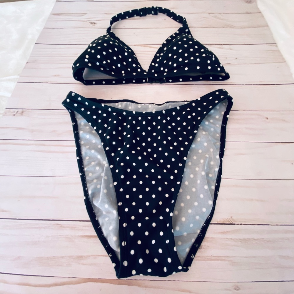 Black & White Polka Dotted Bikini, Halter top closure, Full Bottom Coverage